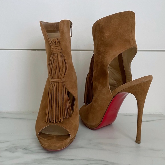 Christian Louboutin Shoes - Christian Louboutin Suede Fringe Otoka Peep Toe Ankle Boots